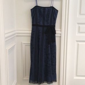Navy cocktail dress with lace overlay